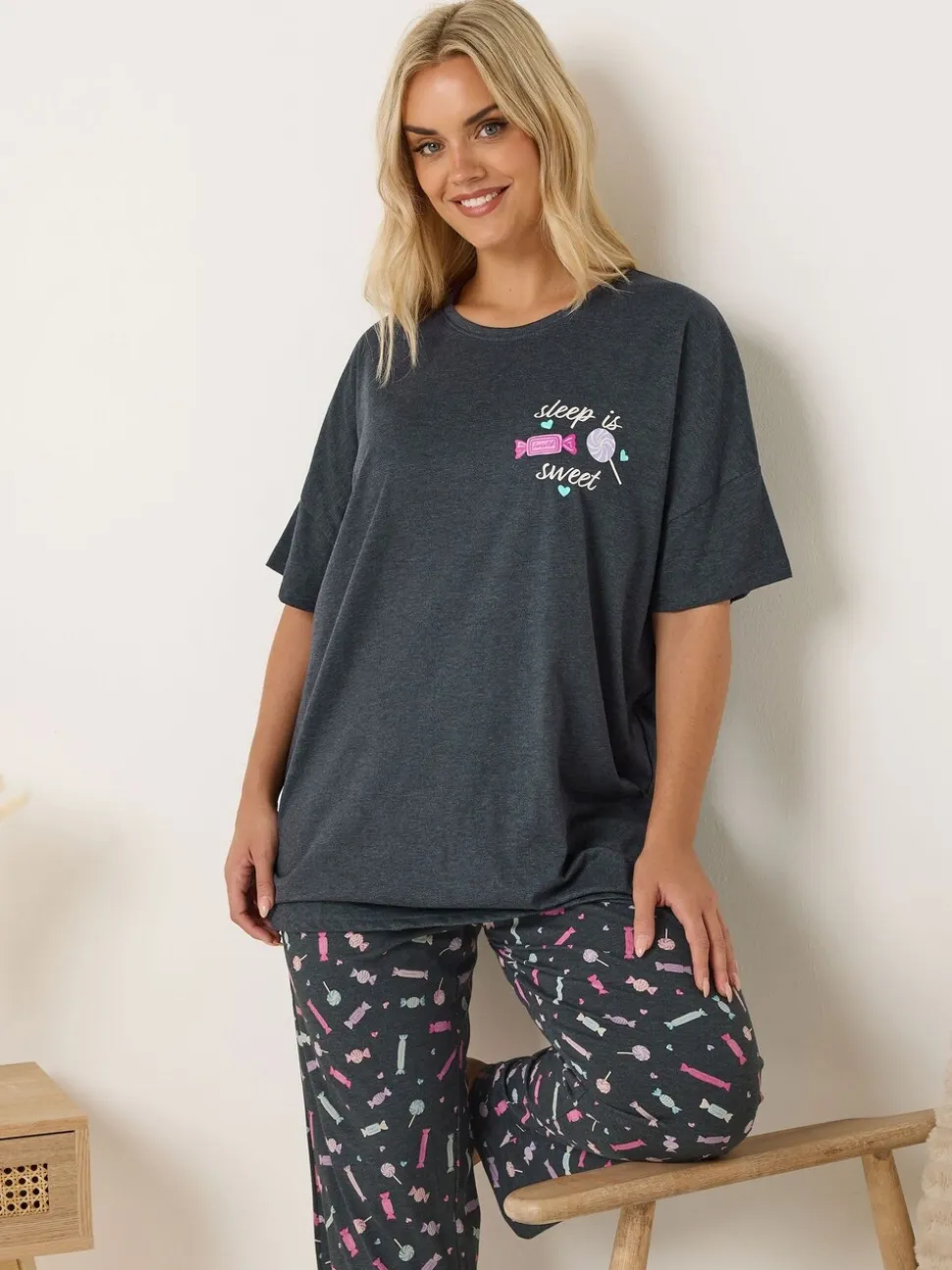Yours Curve Grey Short Sleeve Wide Leg Pyjamas Set