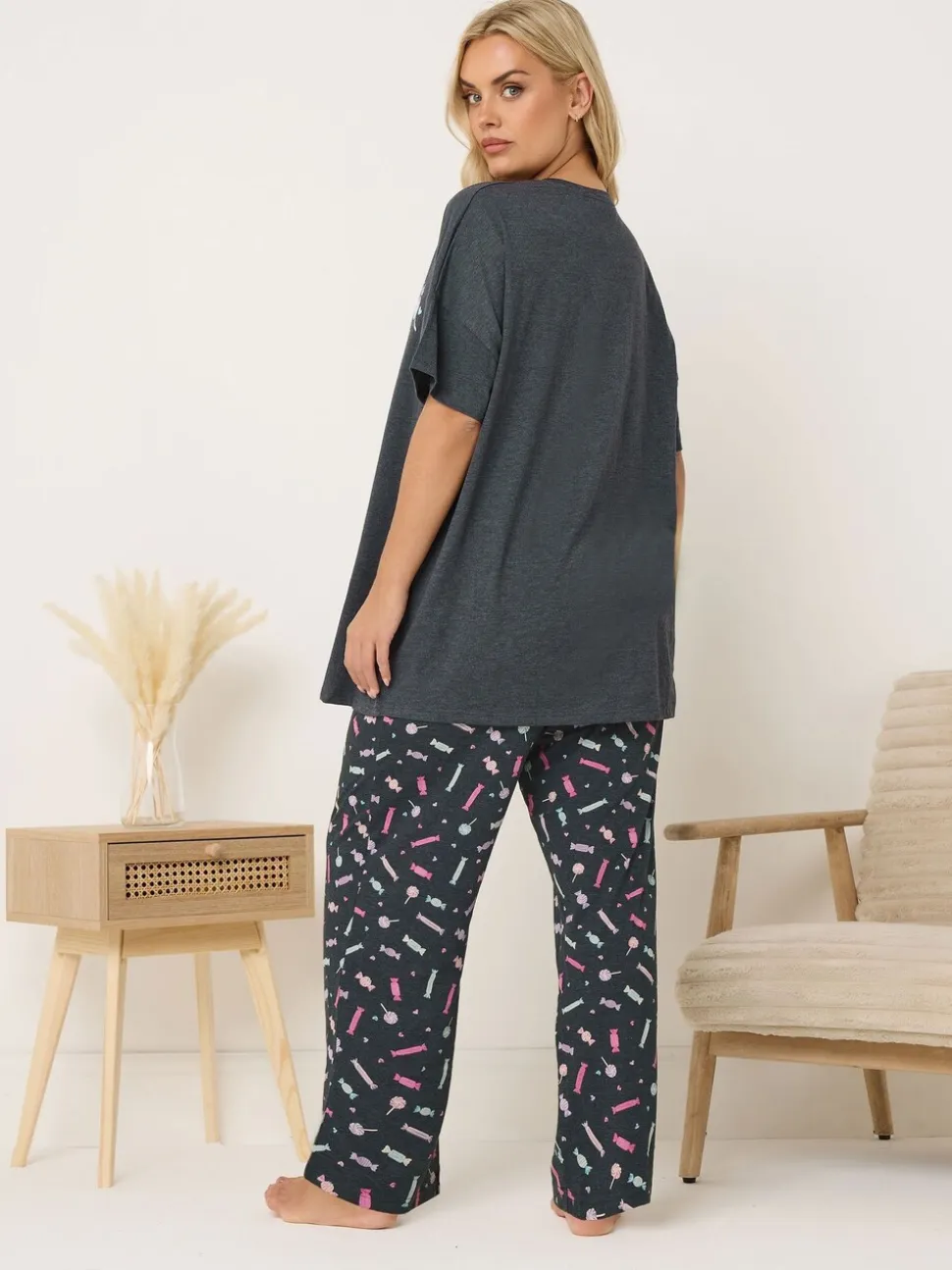 Yours Curve Grey Short Sleeve Wide Leg Pyjamas Set