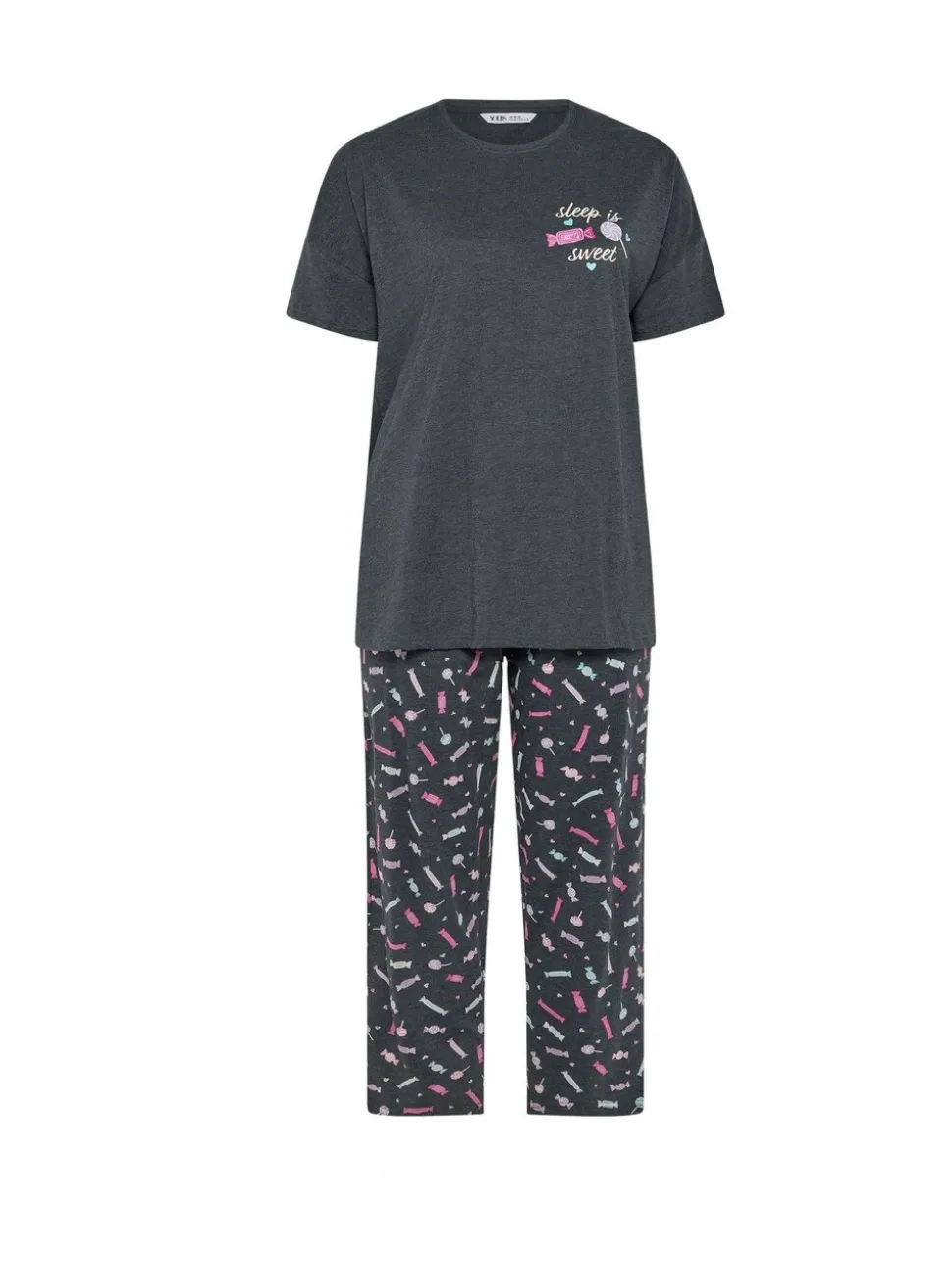 Yours Curve Grey Short Sleeve Wide Leg Pyjamas Set