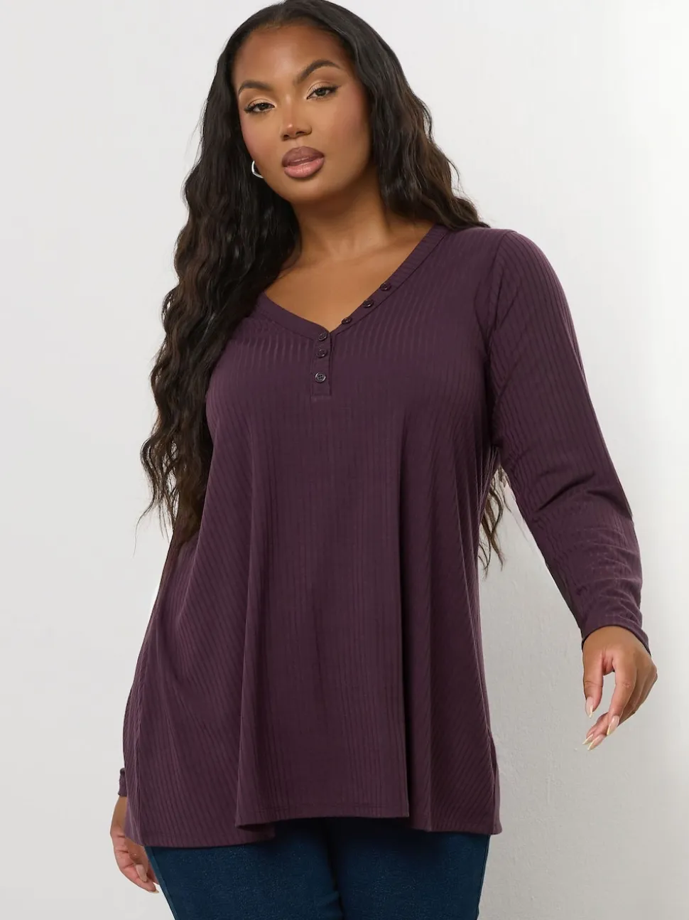 Yours Curve Purple Henley Ribbed Swing Blouse