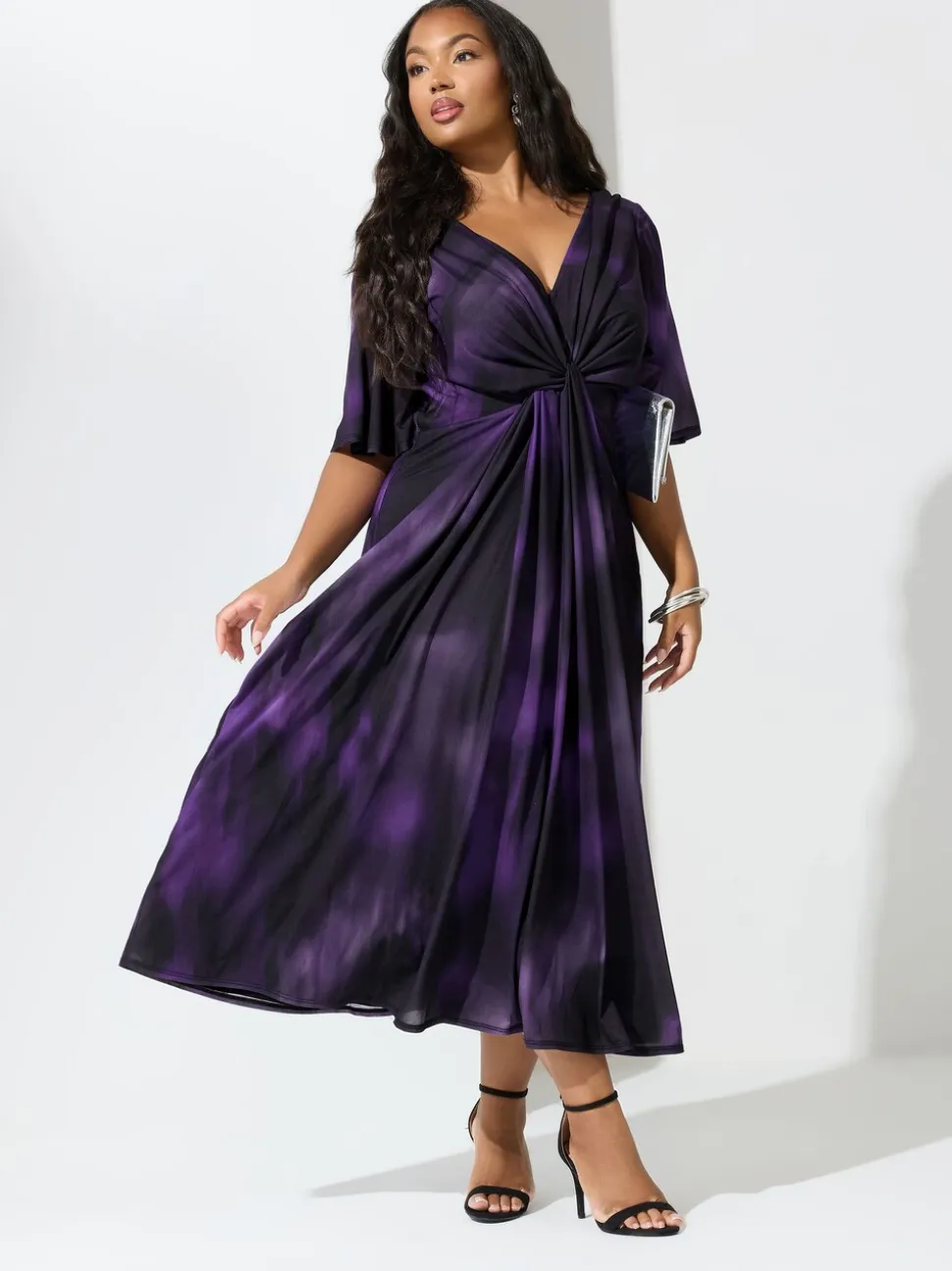 Yours Curve Purple London Knot Front Angel Sleeve Dress