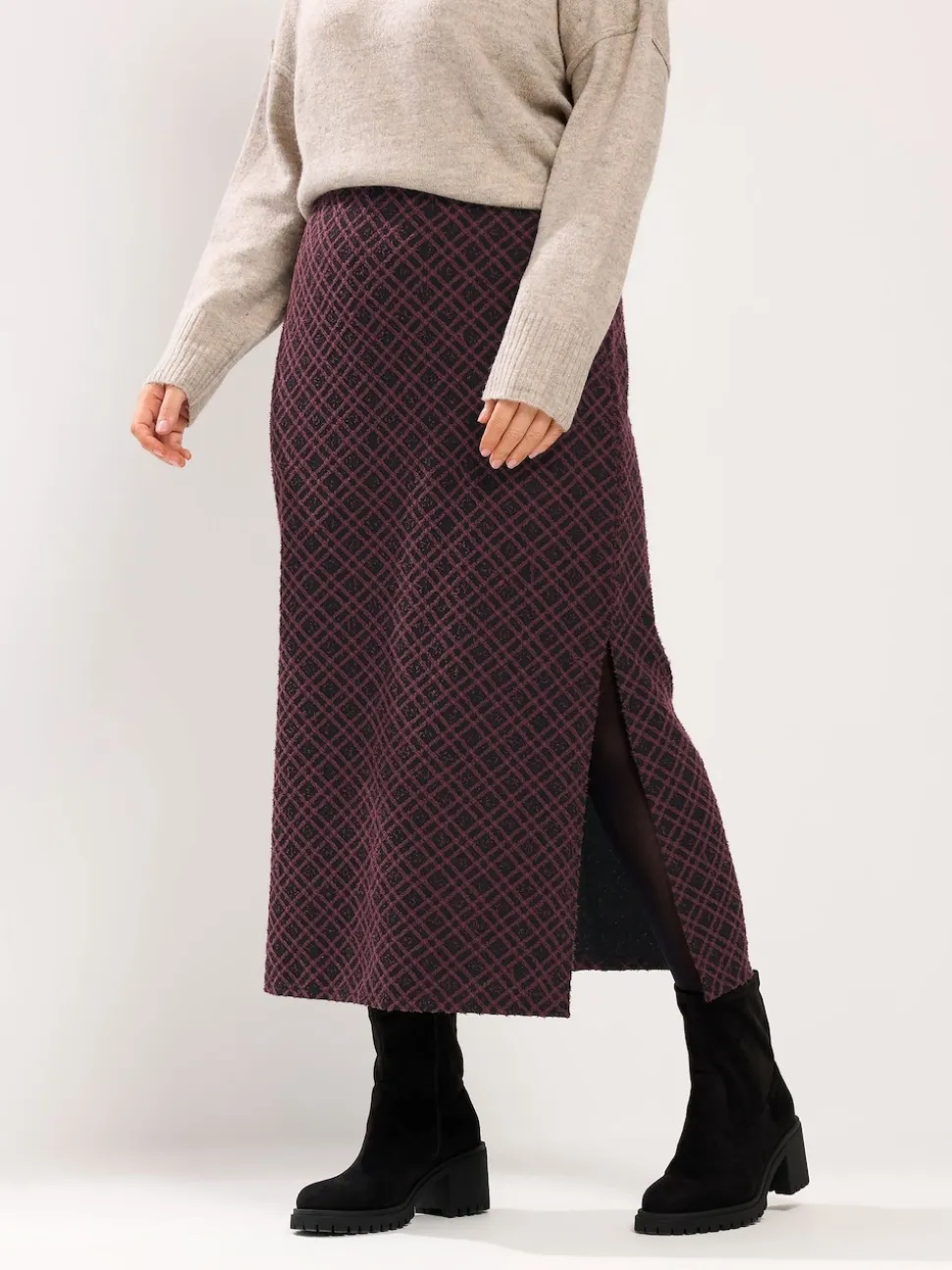 Yours Curve Red Checked Midi Ponte Skirt