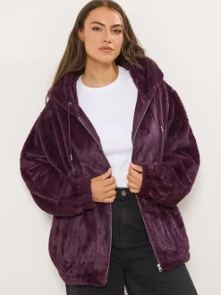Yours Curve Red Faux Fur Zip Thru Hooded Fleece