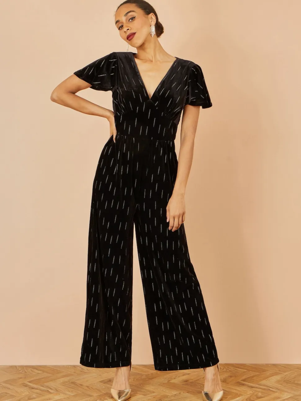 Yumi Black Foil Print Velvet Jumpsuit