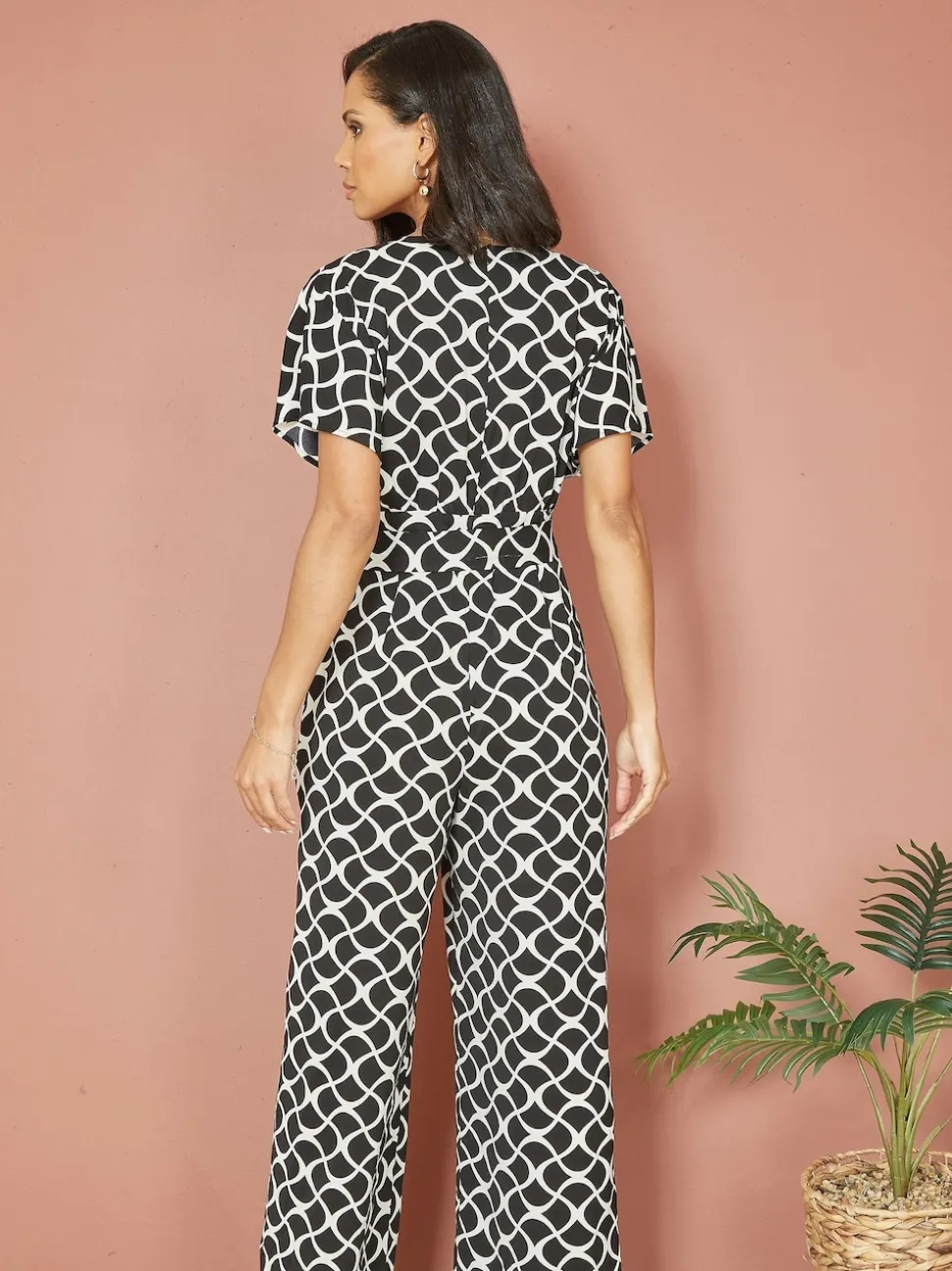 Yumi Black Geometric Print Wrap Jumpsuit