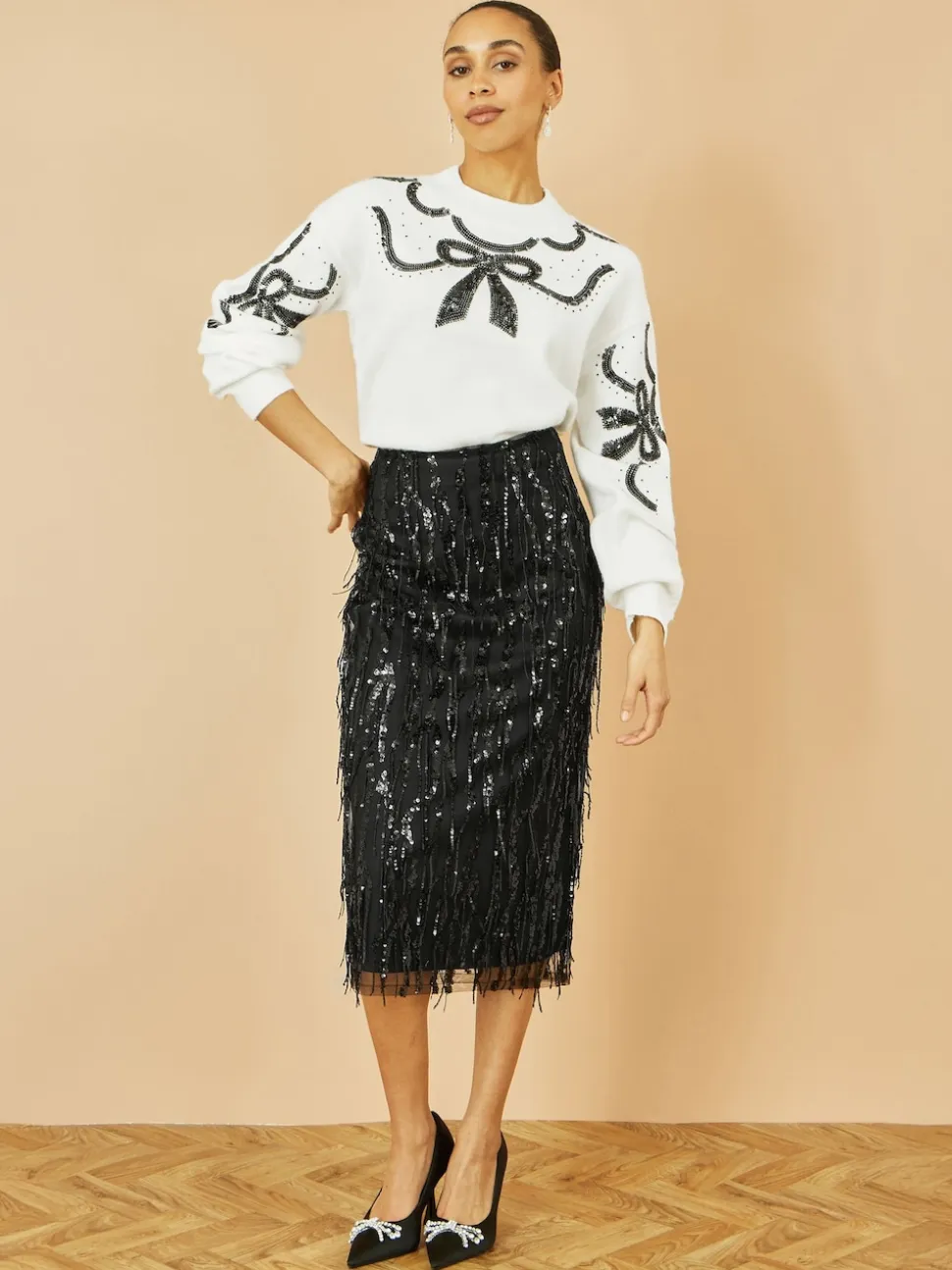 Yumi Black Hanging Sequin Fitted Midi Skirt