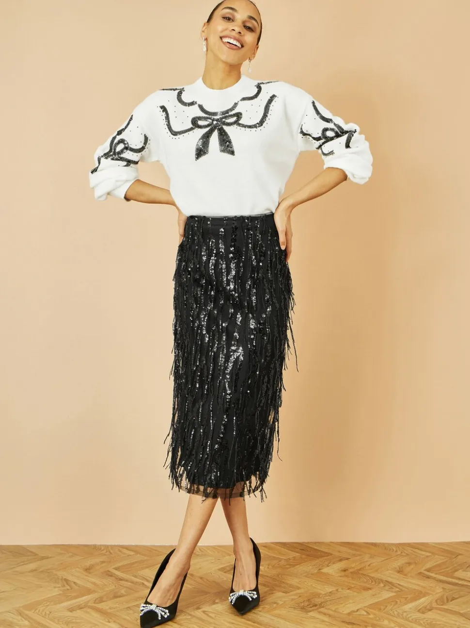 Yumi Black Hanging Sequin Fitted Midi Skirt