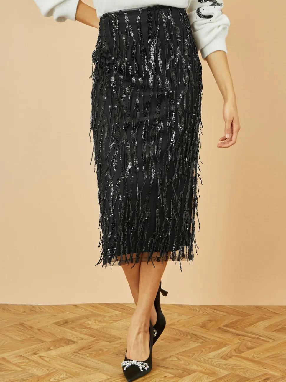 Yumi Black Hanging Sequin Fitted Midi Skirt