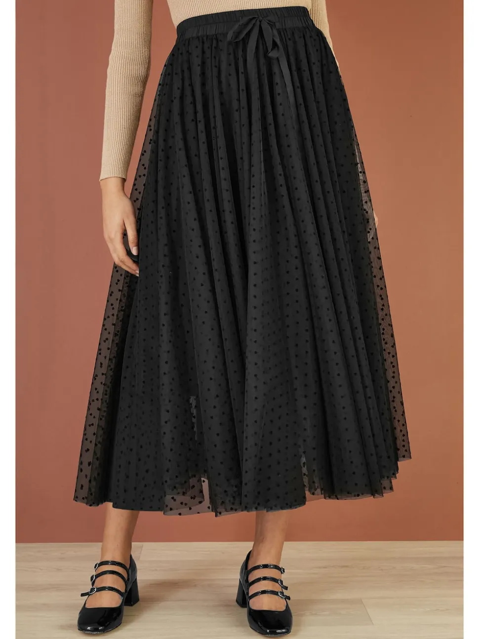 Yumi Black Mesh Heart Print Tulle Skirt