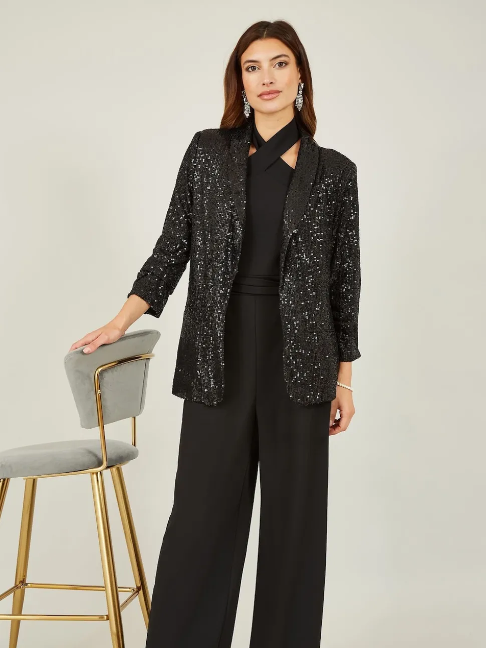 Yumi Black Sequin Blazer With Pockets