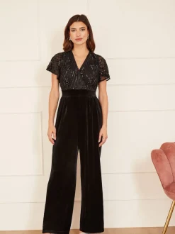 Yumi Black Sequin Embellished Velvet Jumpsuit With Angel Sleeves