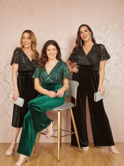 Yumi Black Sequin Embellished Velvet Jumpsuit With Angel Sleeves