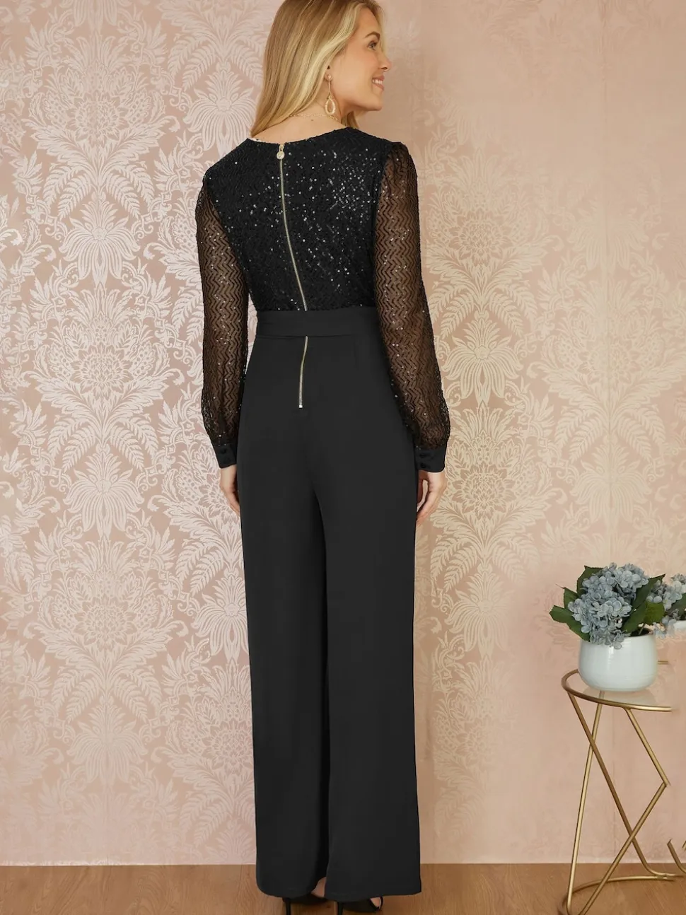 Yumi Black Sequin Jumpsuit With Long Sleeves