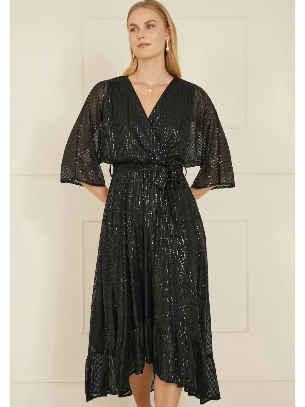 Yumi Black Sequin Kimono Midi Wrap Dress