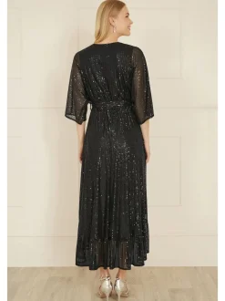 Yumi Black Sequin Kimono Midi Wrap Dress