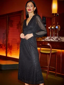 Yumi Black Sequin Long Sleeve Midi Dress