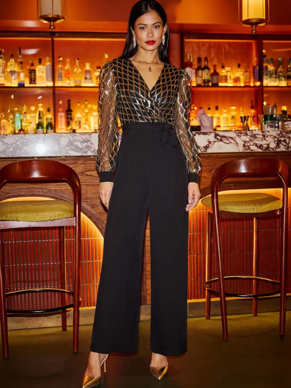 Yumi Black Sequin Wrap Over Jumpsuit