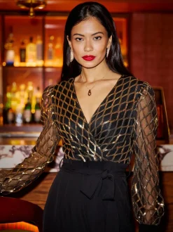 Yumi Black Sequin Wrap Over Jumpsuit