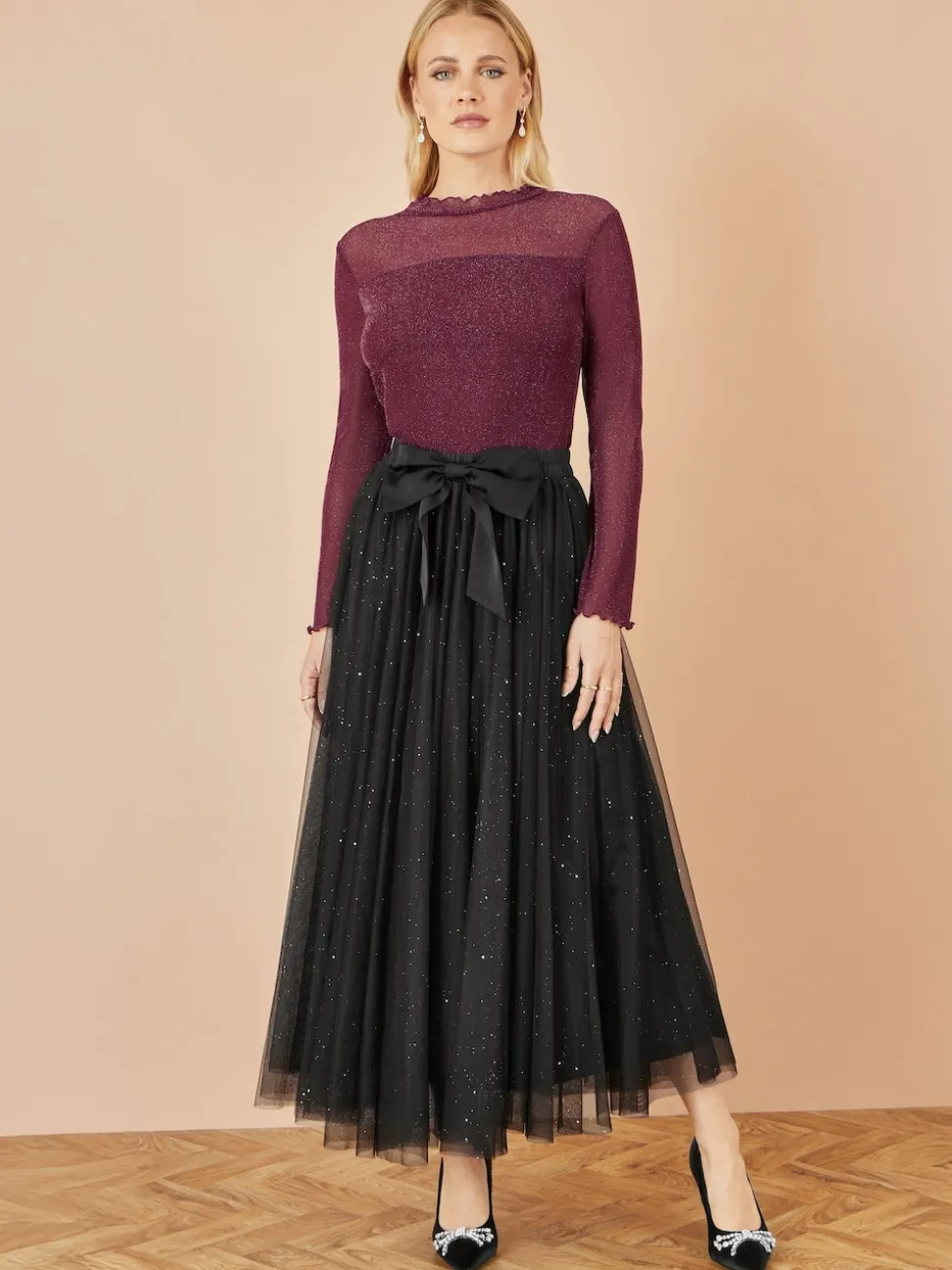 Yumi Black Sparkle Mesh Tulle Skirt With Satin Bow
