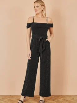 Yumi Black Sparkle Stretch Bardot Jumpsuit