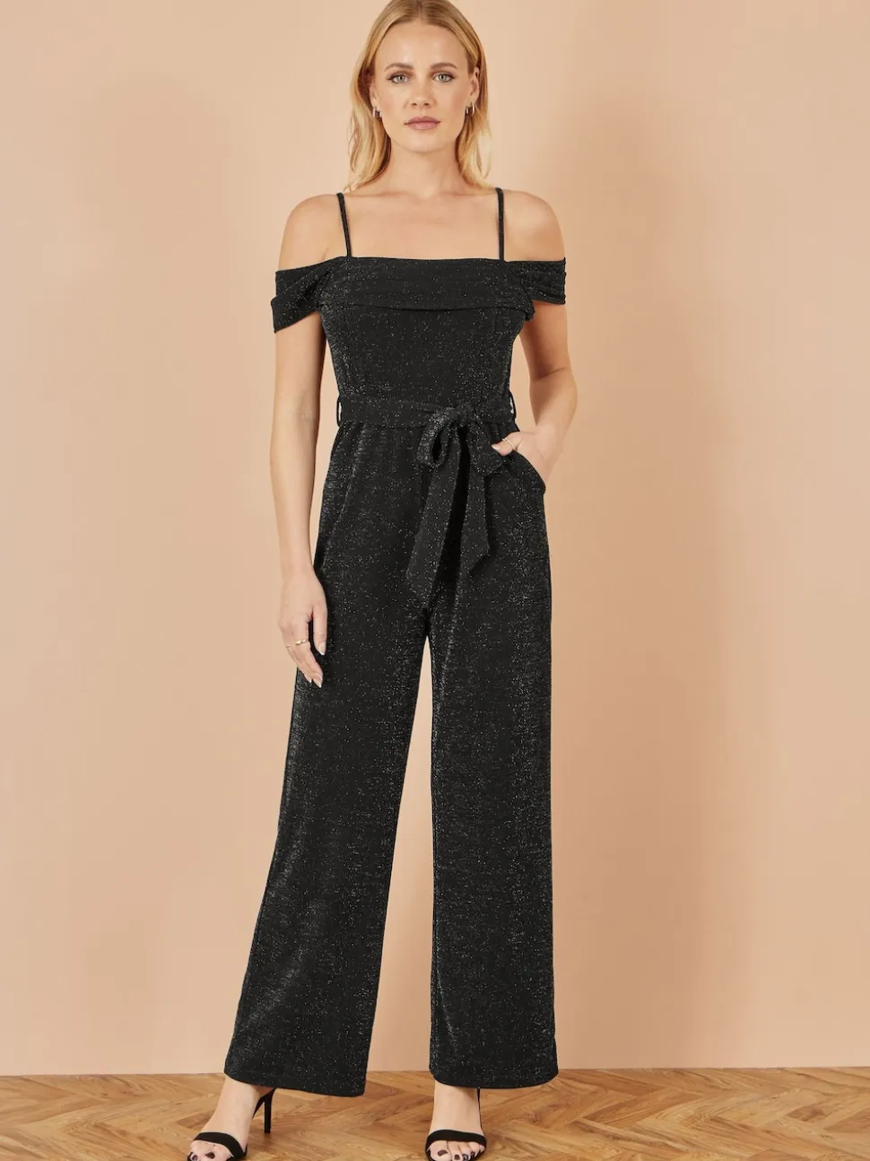Yumi Black Sparkle Stretch Bardot Jumpsuit