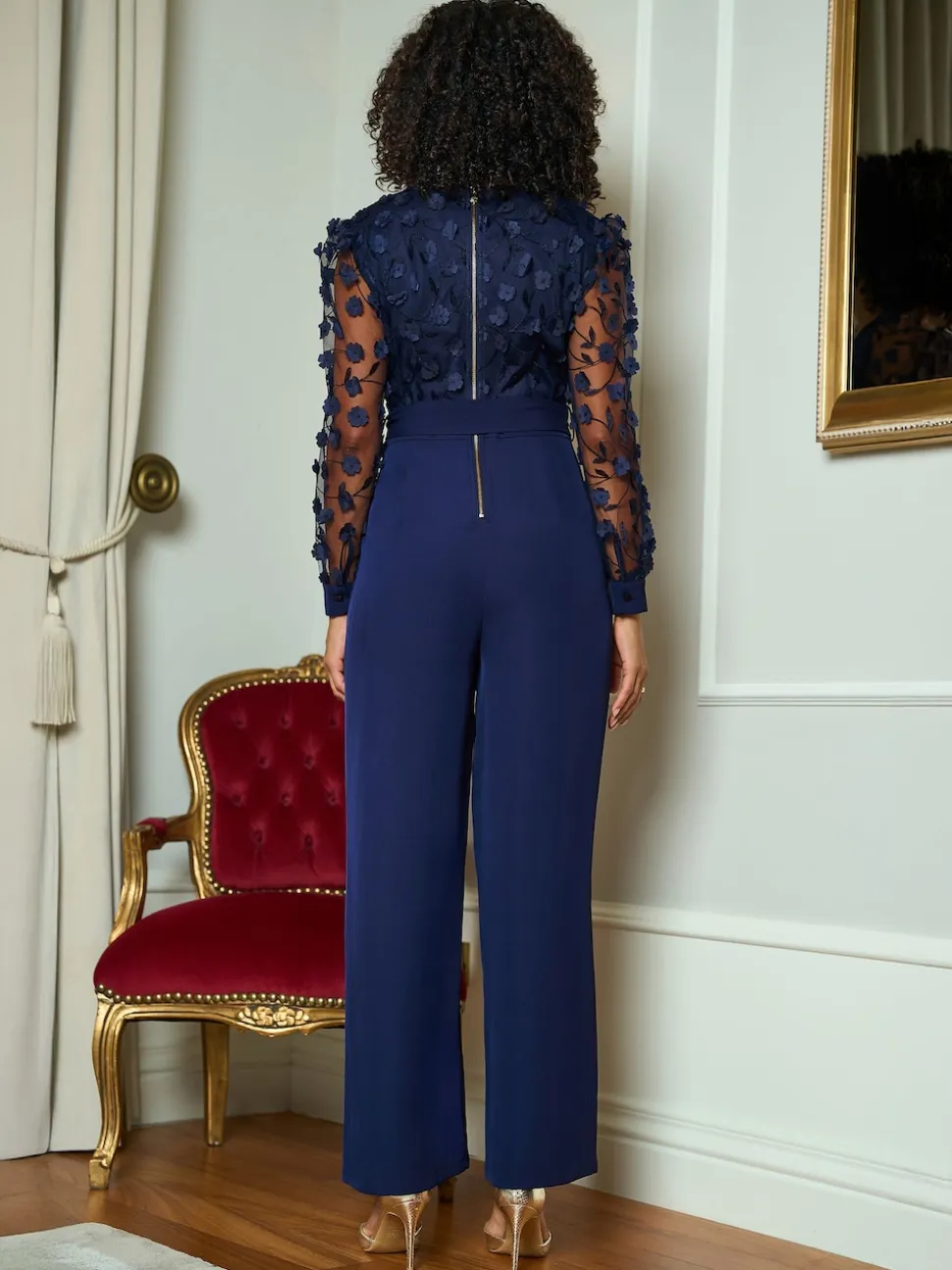Yumi Blue Flower Appliqué Jumpsuit