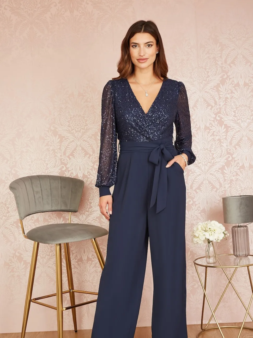 Yumi Blue Sequin Jumpsuit With Long Sleeves