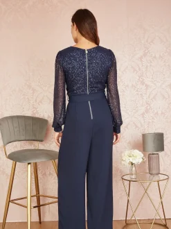 Yumi Blue Sequin Jumpsuit With Long Sleeves