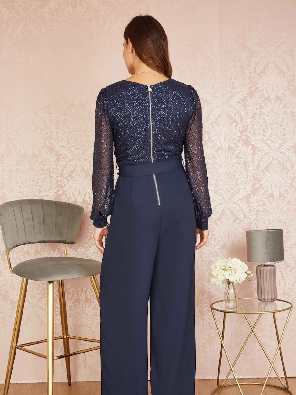 Yumi Blue Sequin Jumpsuit With Long Sleeves