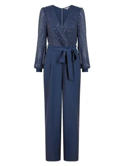 Yumi Blue Sequin Jumpsuit With Long Sleeves