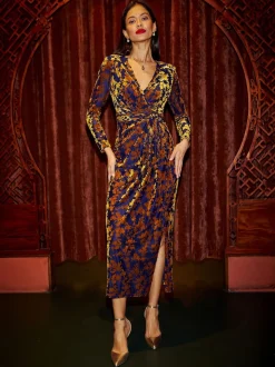 Yumi Gold Velour Stretch Midi Dress With Long Sleeves