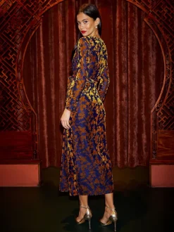 Yumi Gold Velour Stretch Midi Dress With Long Sleeves
