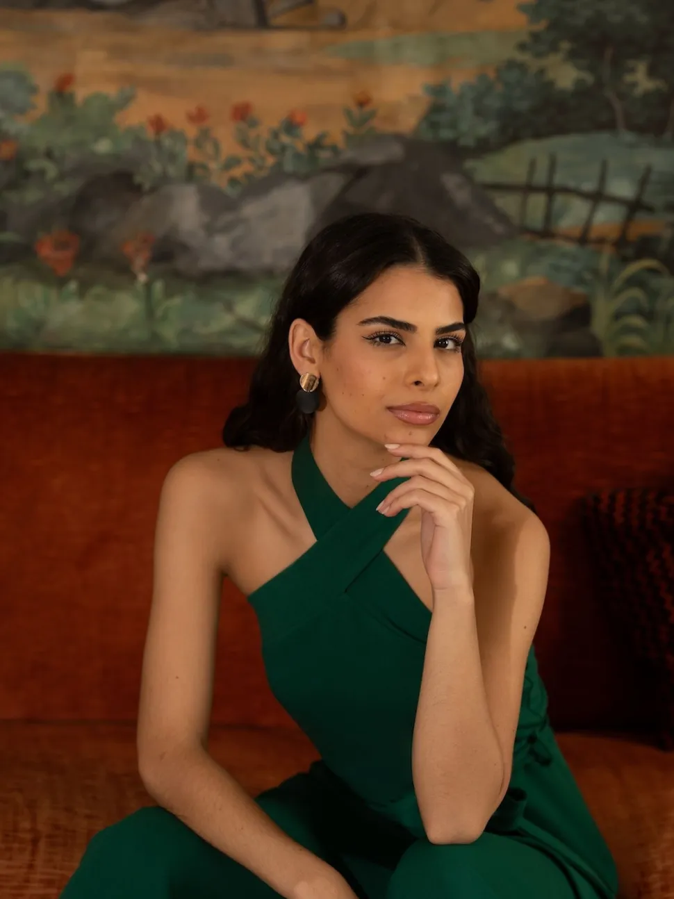 Yumi Green Cross Over Halter Neck Jumpsuit