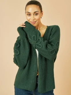 Yumi Green Edge to Edge Cardigan With Flower Detail Sleeves