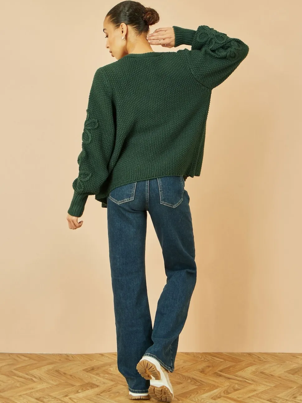 Yumi Green Edge to Edge Cardigan With Flower Detail Sleeves