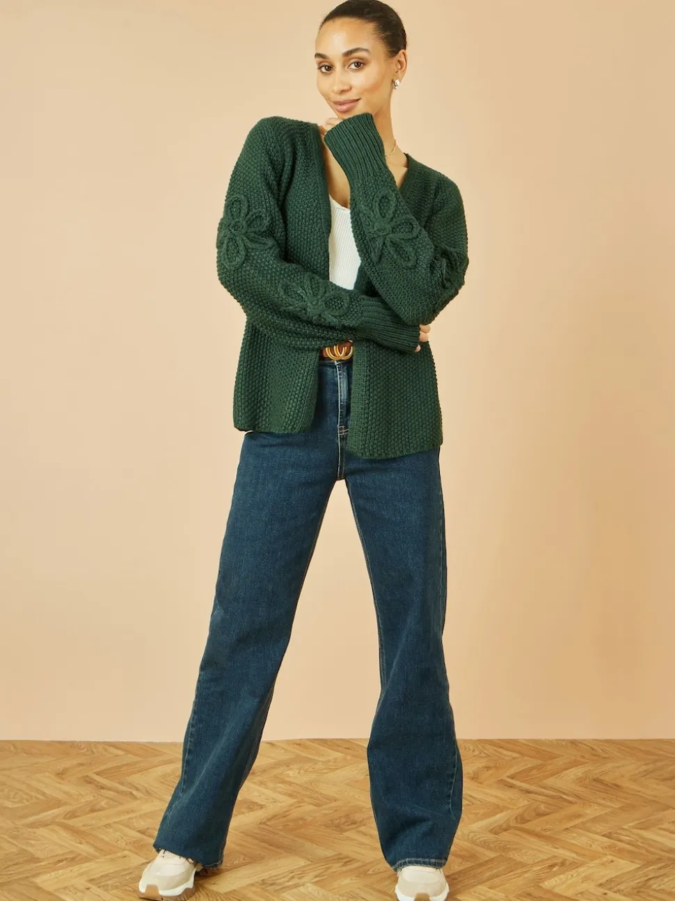 Yumi Green Edge to Edge Cardigan With Flower Detail Sleeves