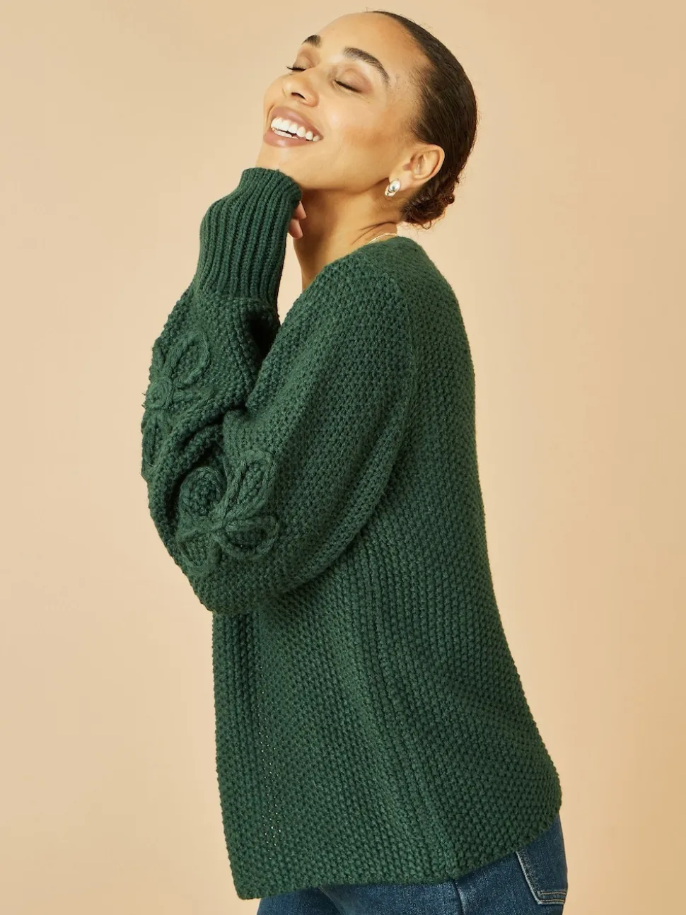 Yumi Green Edge to Edge Cardigan With Flower Detail Sleeves
