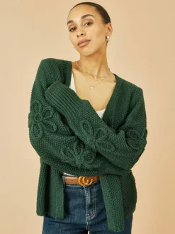 Yumi Green Edge to Edge Cardigan With Flower Detail Sleeves