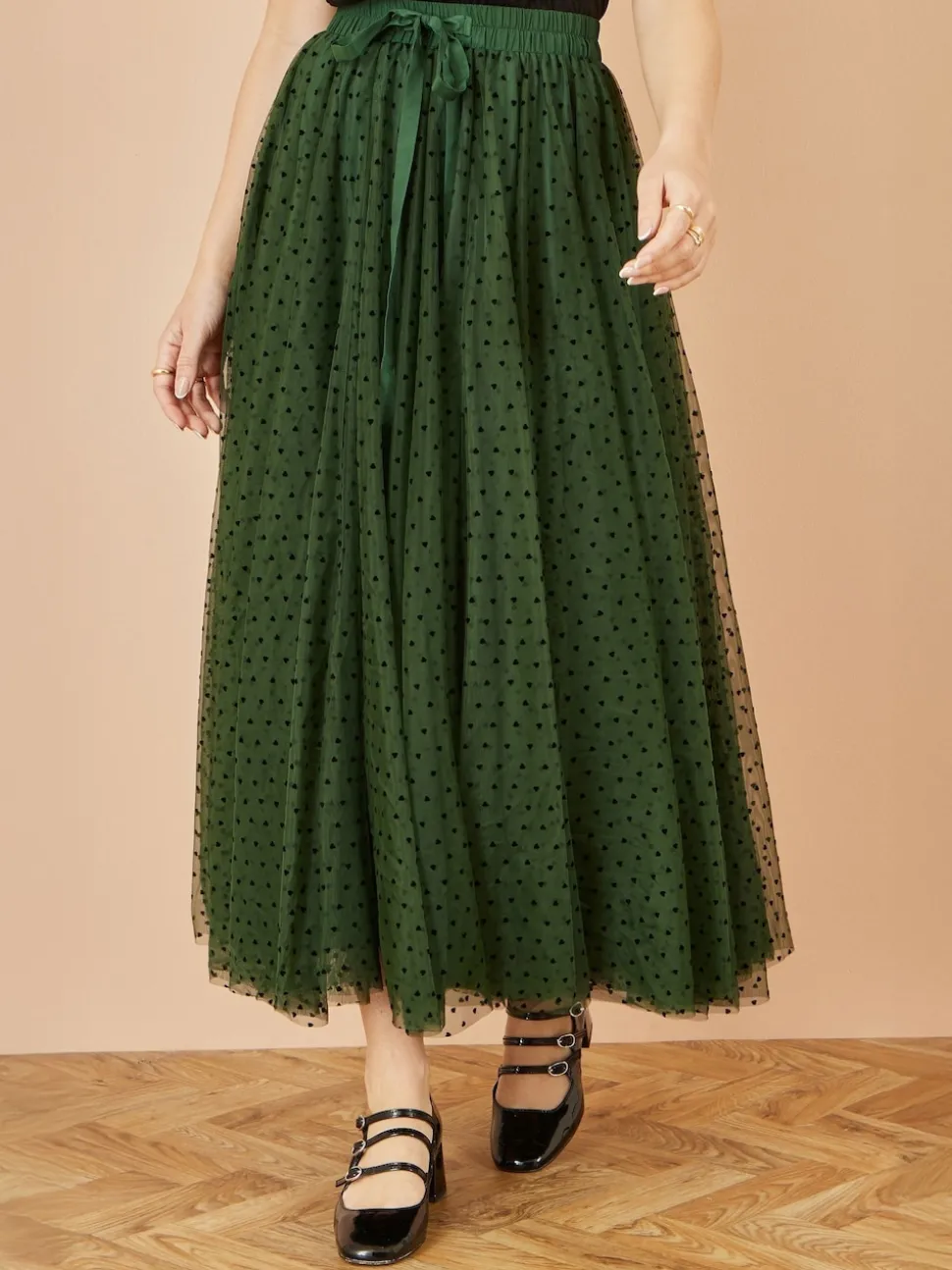 Yumi Green Mesh Heart Print Tulle Skirt