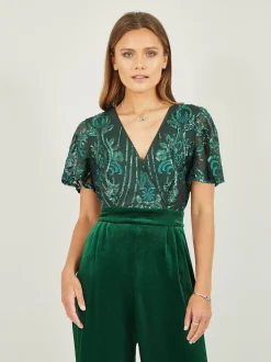 Yumi Green Sequin Embellished Velvet Jumpsuit With Angel Sleeves
