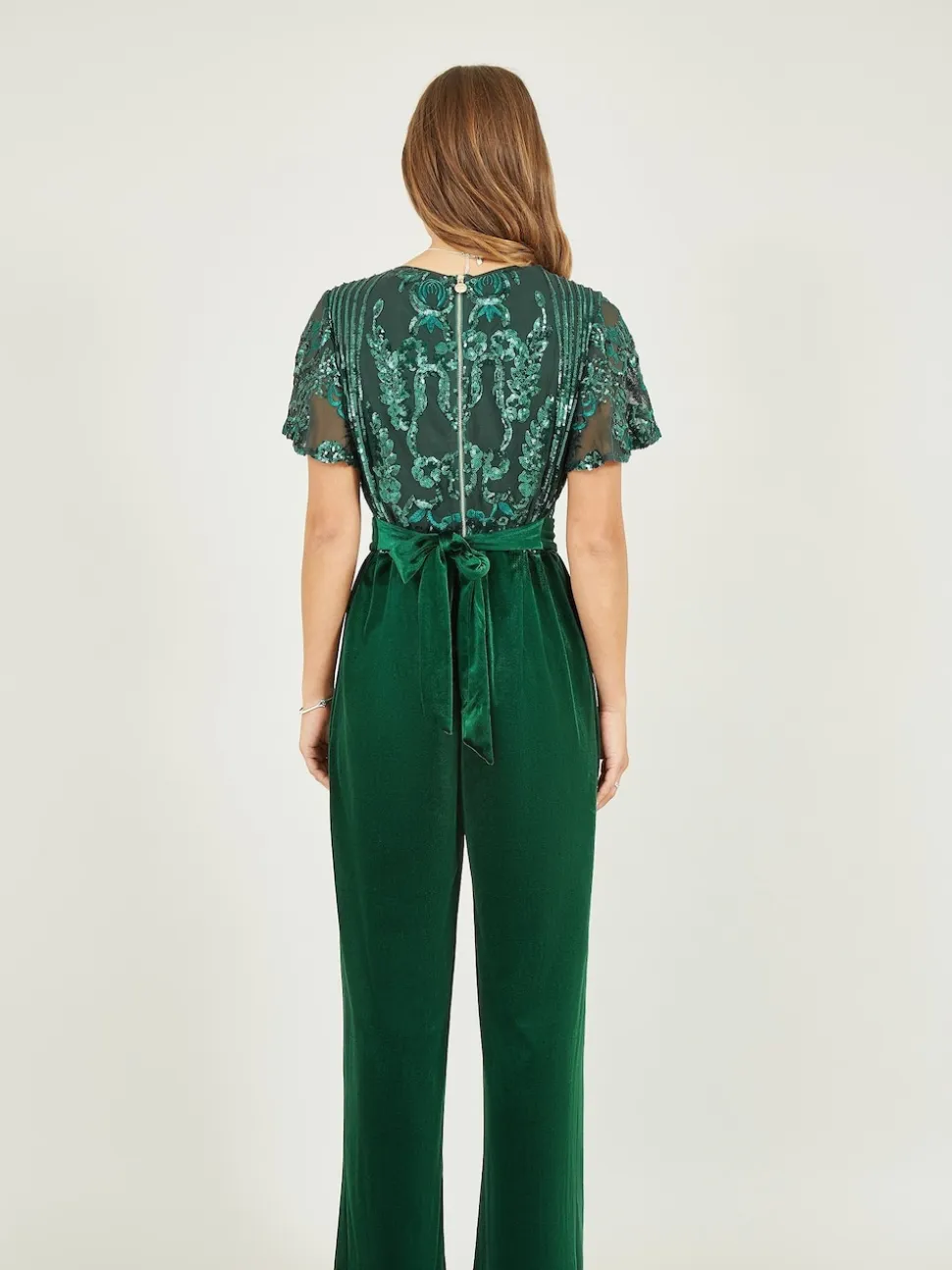 Yumi Green Sequin Embellished Velvet Jumpsuit With Angel Sleeves