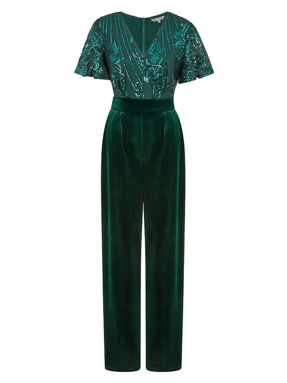 Yumi Green Sequin Embellished Velvet Jumpsuit With Angel Sleeves