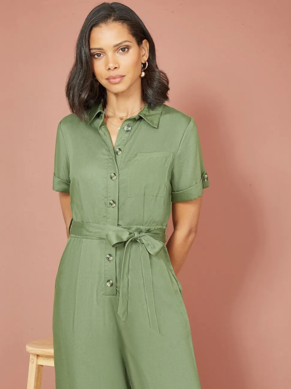 Yumi Green Twill Viscose Utility Jumpsuit