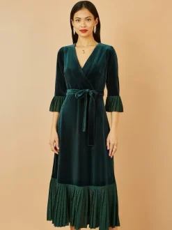 Yumi Green Velvet Wrap Midi Dress With Contrast Hemline