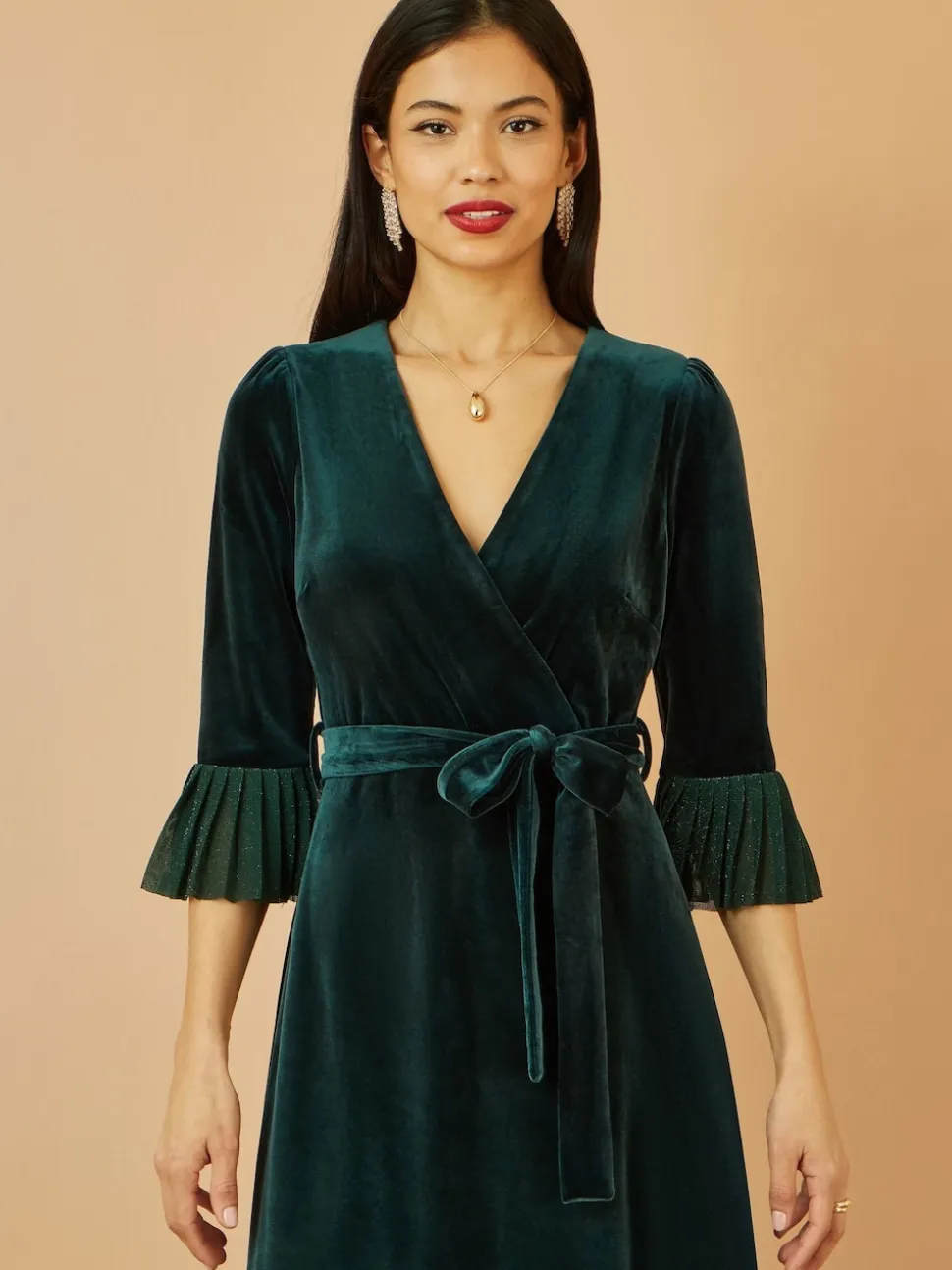 Yumi Green Velvet Wrap Midi Dress With Contrast Hemline