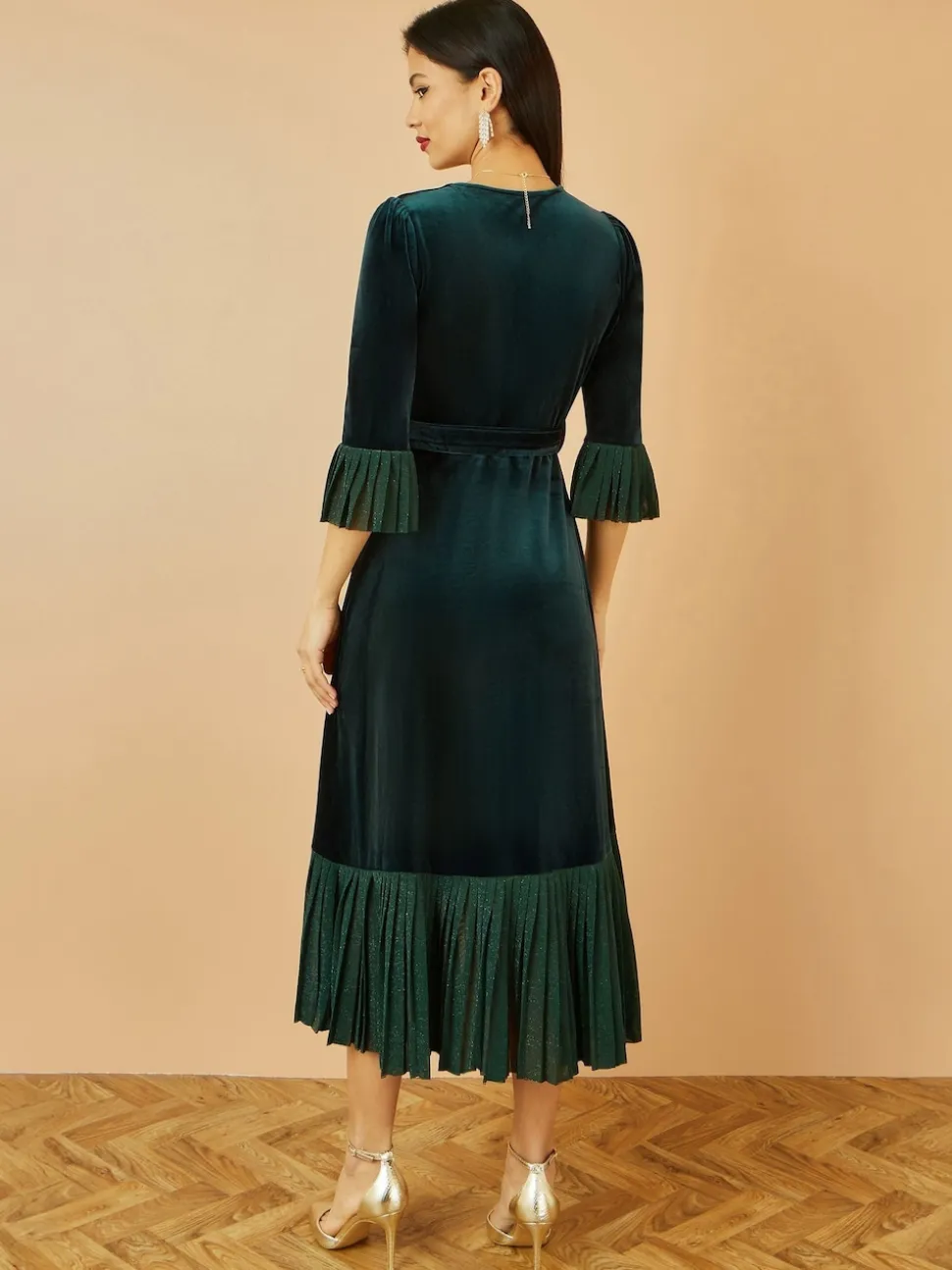 Yumi Green Velvet Wrap Midi Dress With Contrast Hemline