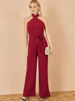 Yumi Red Cross Over Halter Neck Jumpsuit