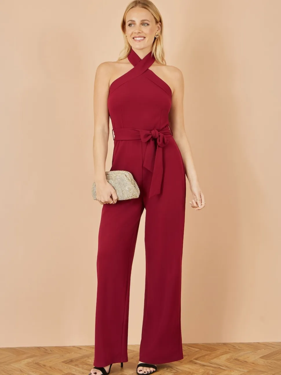 Yumi Red Cross Over Halter Neck Jumpsuit
