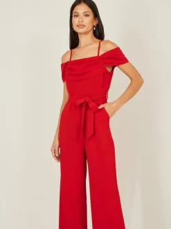 Yumi Red Stretch Bardot Jumpsuit