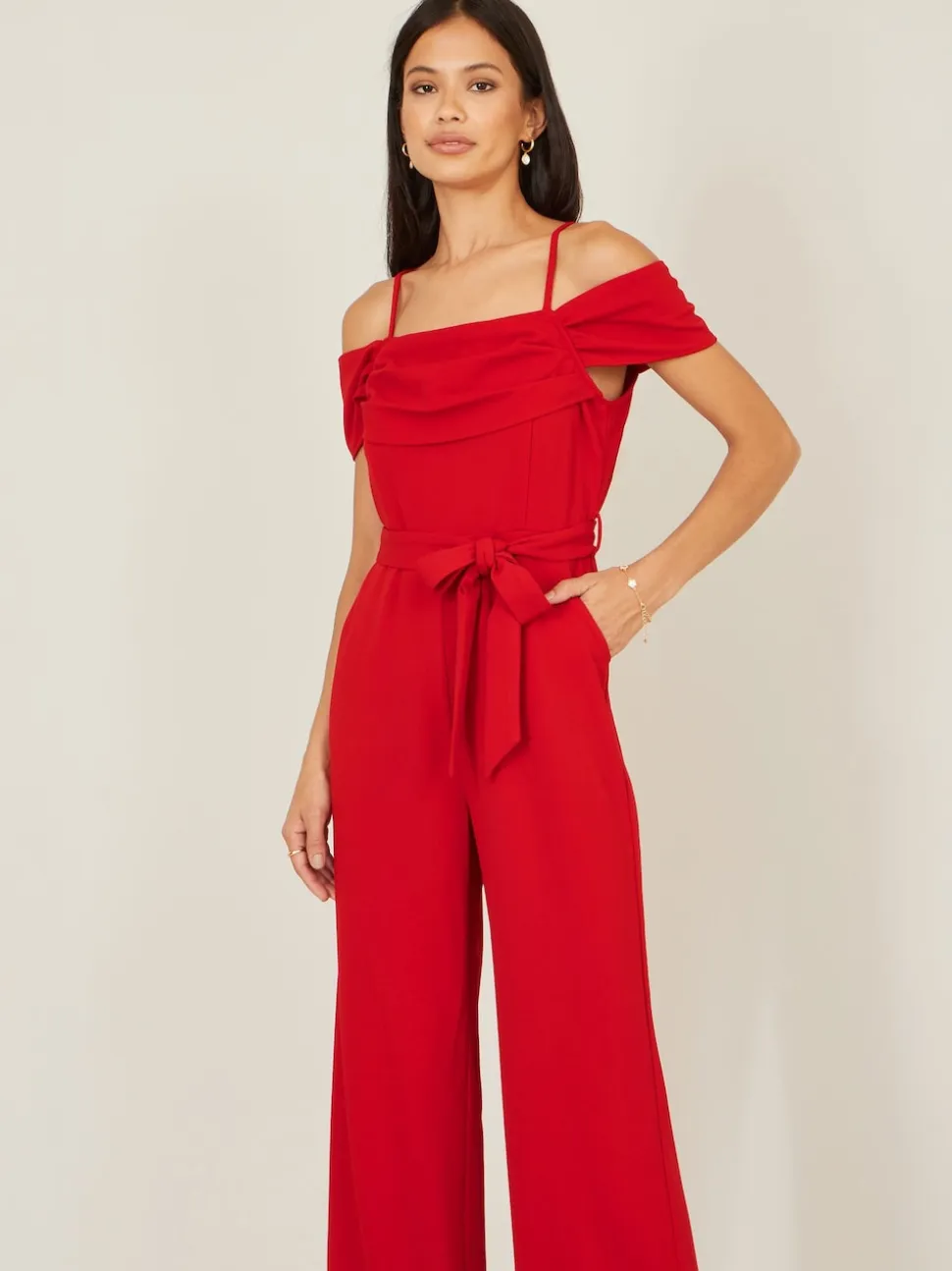 Yumi Red Stretch Bardot Jumpsuit